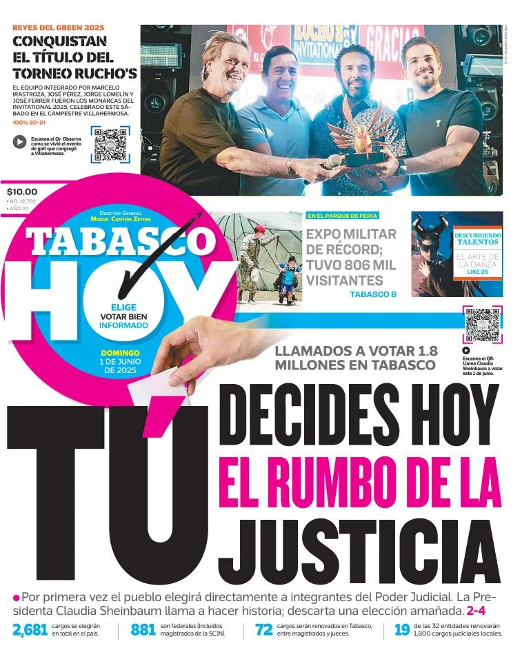 Portada de Tabasco Hoy del domingo, 1 de junio de 2025