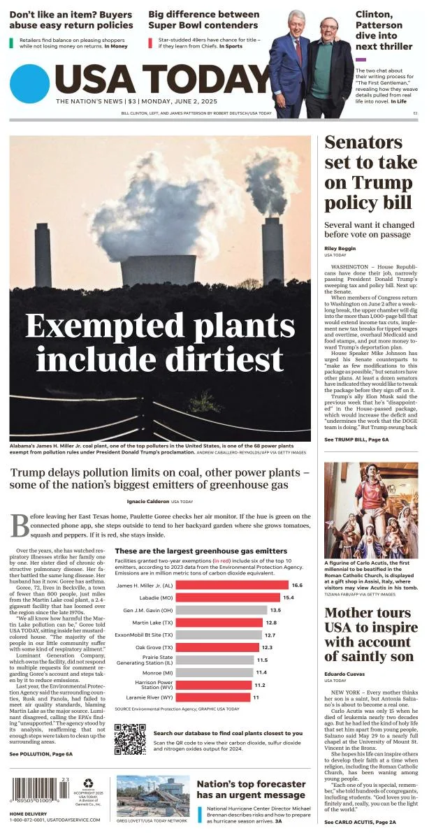 Portada de Usa Today del lunes, 2 de junio de 2025