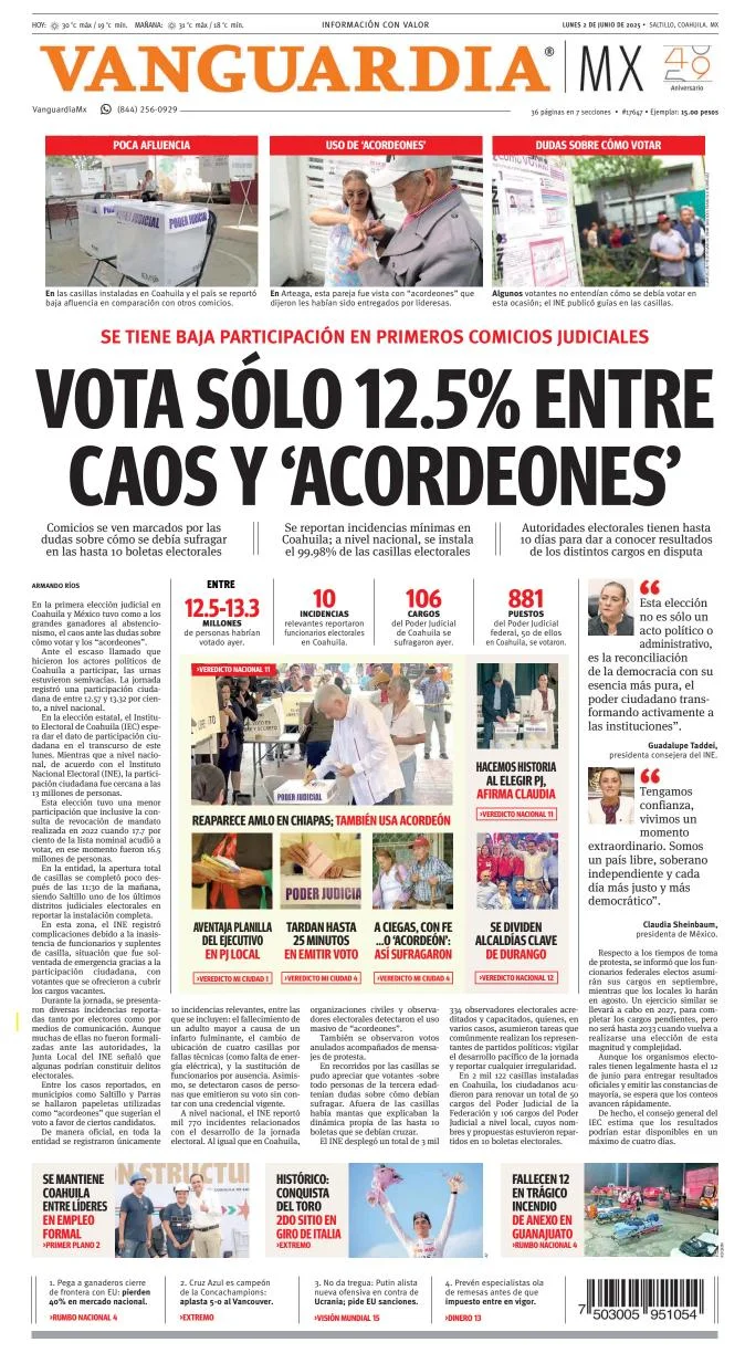 Portada de Vanguardia del lunes, 2 de junio de 2025