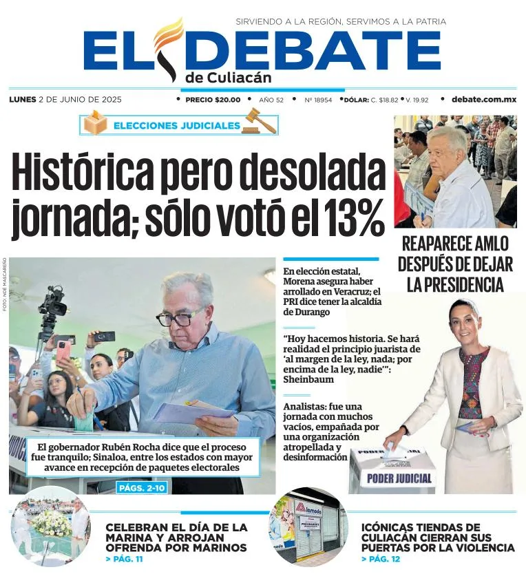 Portada de El Debate de Culiacan del lunes, 2 de junio de 2025