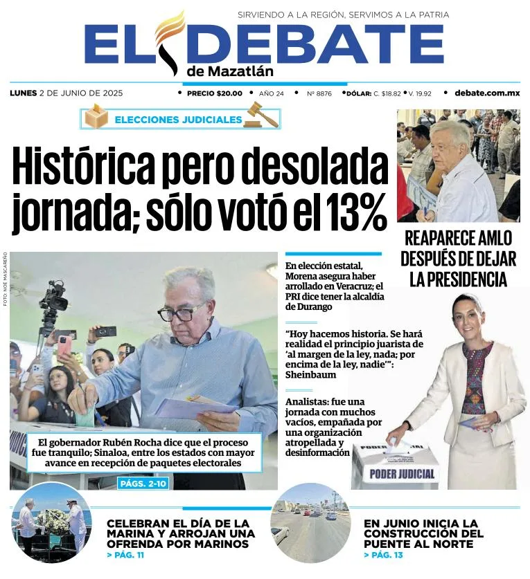 Portada de El Debate de Mazatlan del lunes, 2 de junio de 2025
