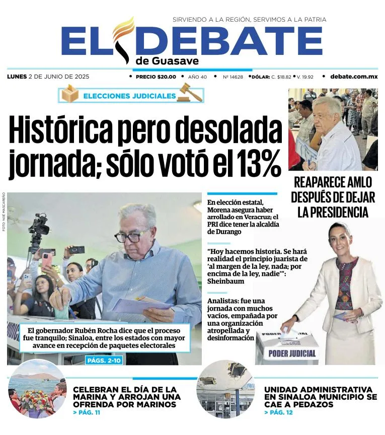 Portada de El Debate de Guasave del lunes, 2 de junio de 2025