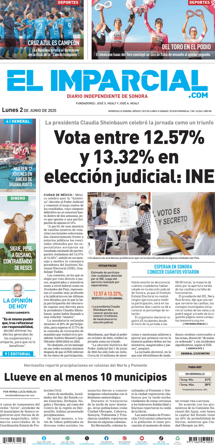 Portada de El Imparcial del lunes, 2 de junio de 2025