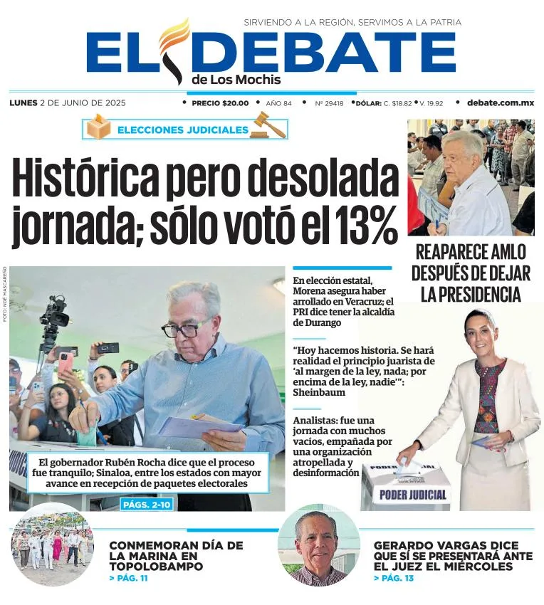 Portada de El Debate de los Mochis del lunes, 2 de junio de 2025