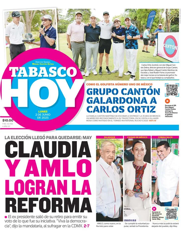 Portada de Tabasco Hoy del lunes, 2 de junio de 2025