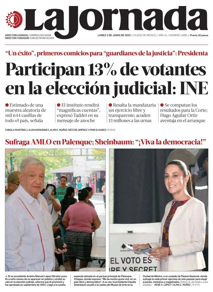 Portada de La Jornada del lunes, 2 de junio de 2025