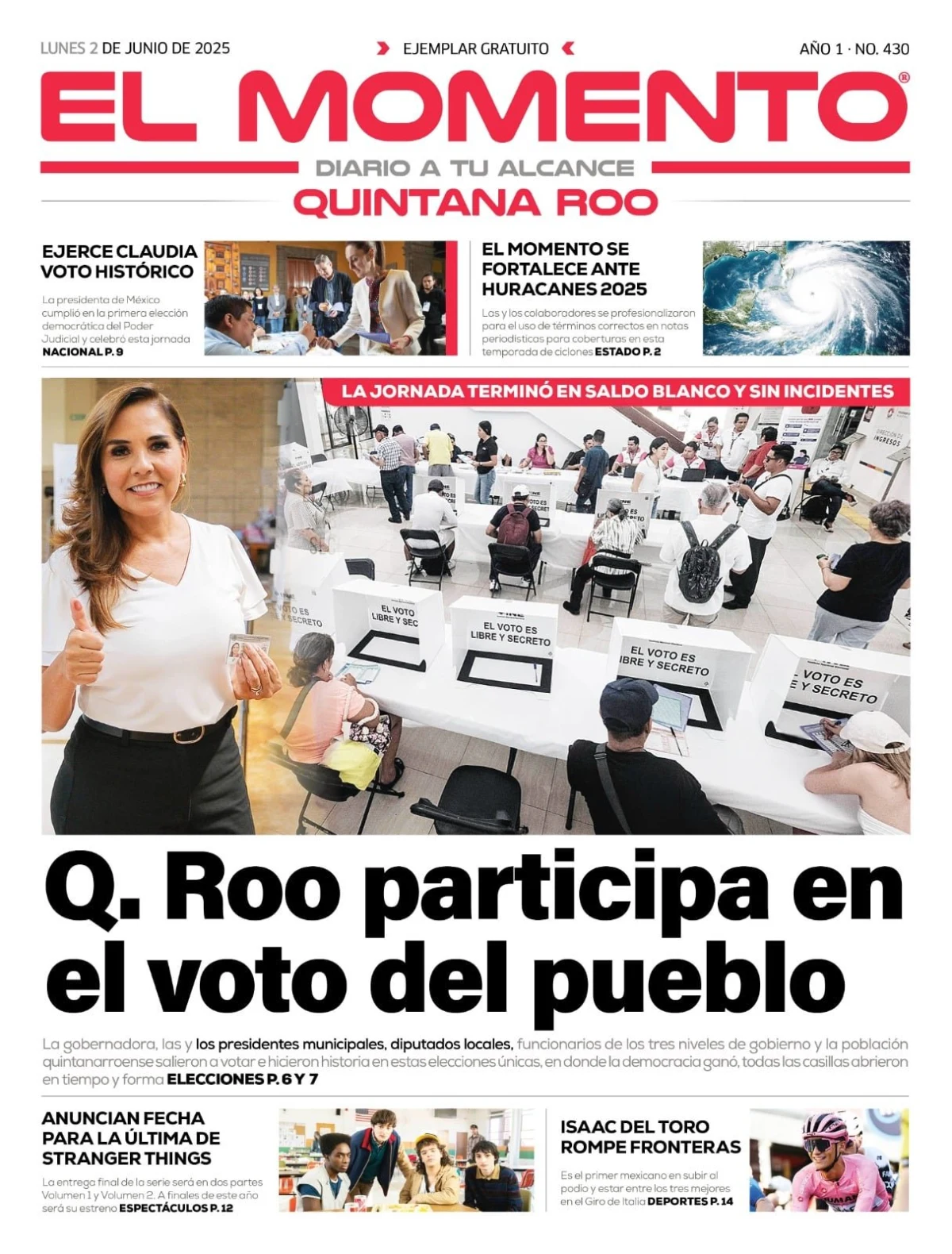 Portada de El Momento Quintana Roo del lunes, 2 de junio de 2025