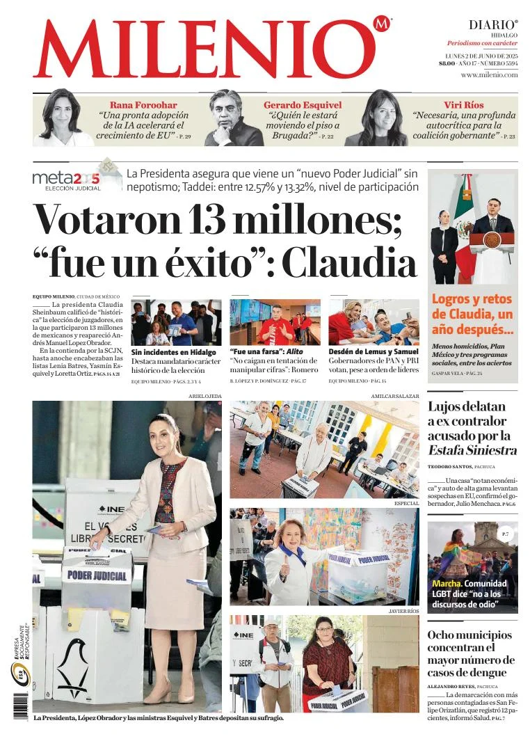 Portada de Milenio Hidalgo del lunes, 2 de junio de 2025