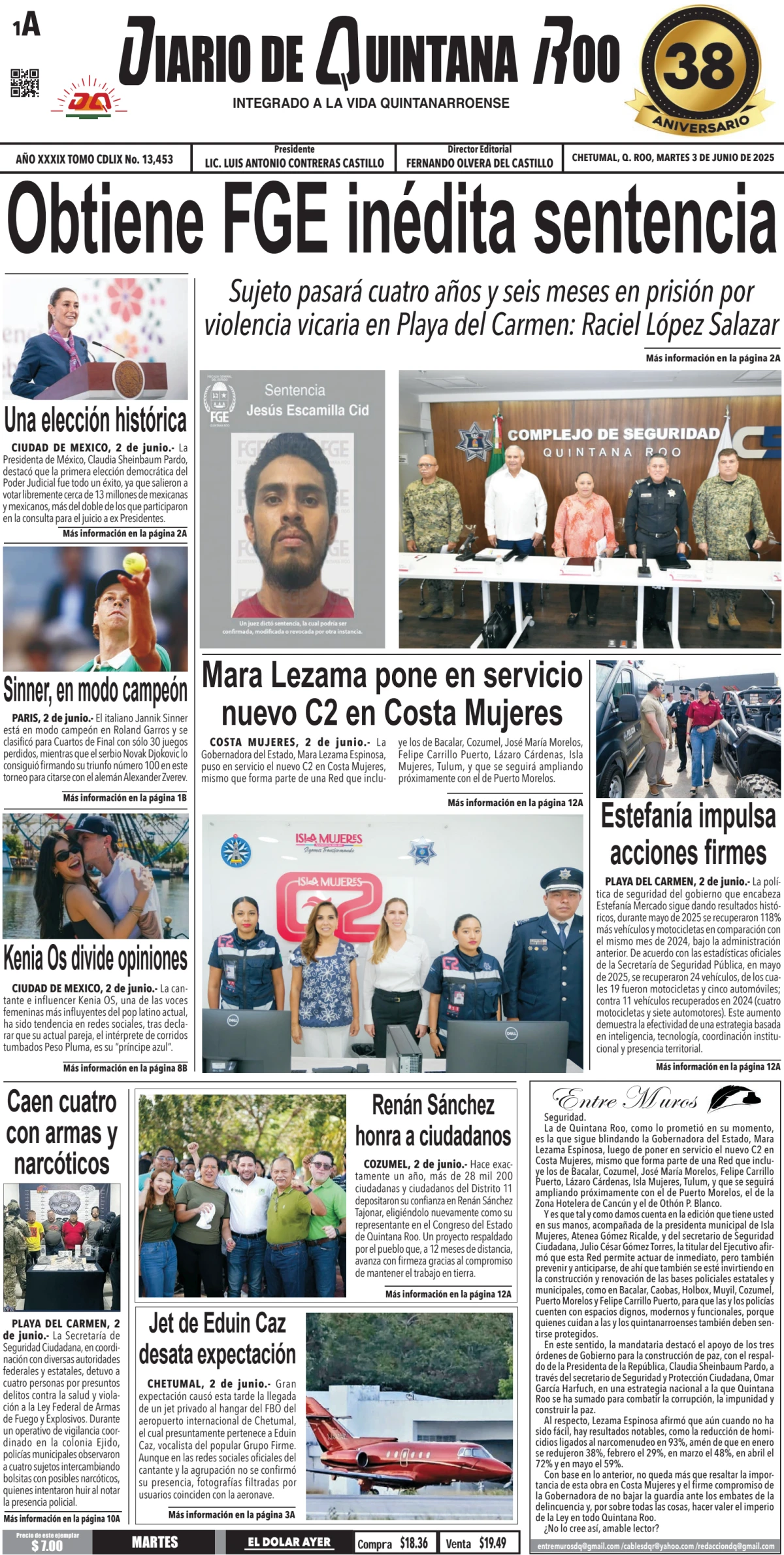 Portada de Diario de Quintana Roo (portada) del martes, 3 de junio de 2025