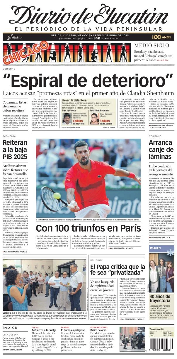 Portada de Diario de Yucatán del martes, 3 de junio de 2025