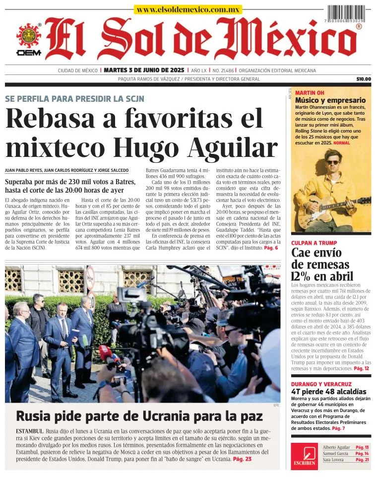 Portada de El Sol de Mexico del martes, 3 de junio de 2025