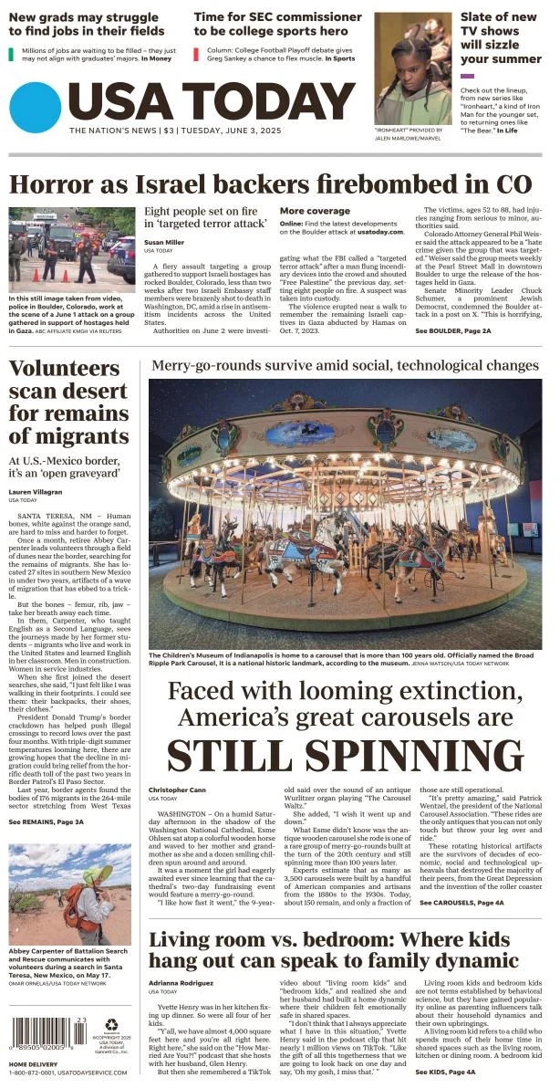 Portada de Usa Today del martes, 3 de junio de 2025