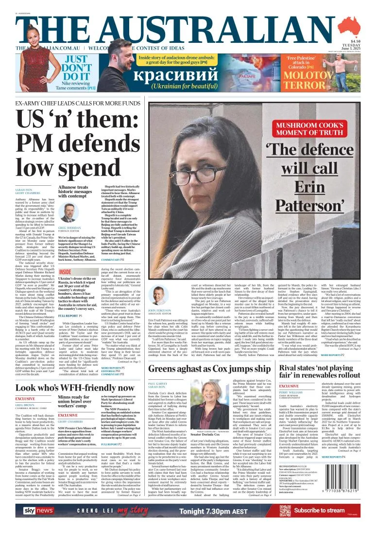 Portada de The Australian del martes, 3 de junio de 2025