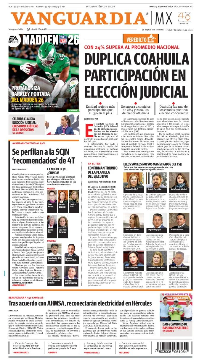 Portada de Vanguardia del martes, 3 de junio de 2025