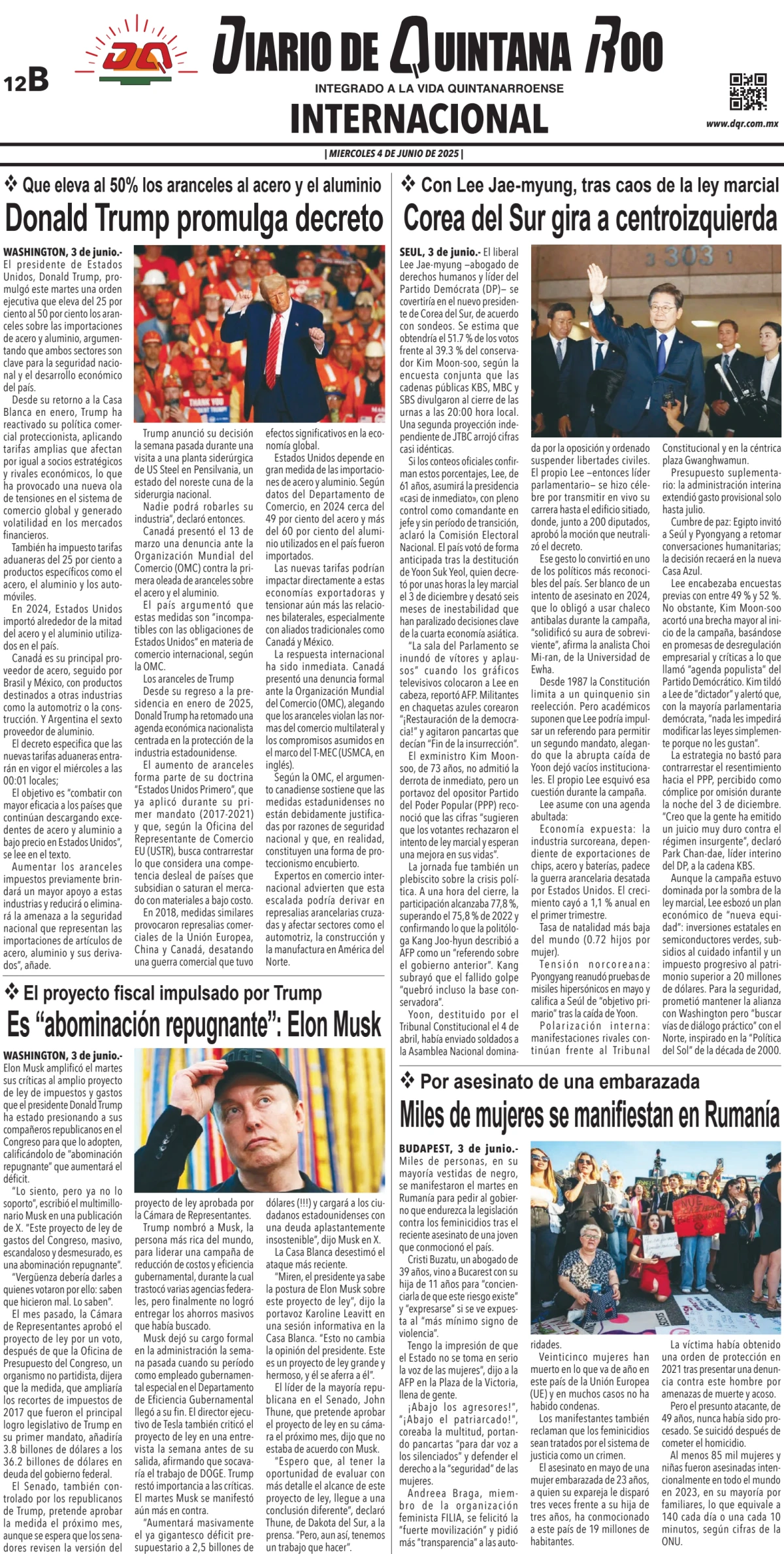 Portada de Diario de Quintana Roo (contra Portada)