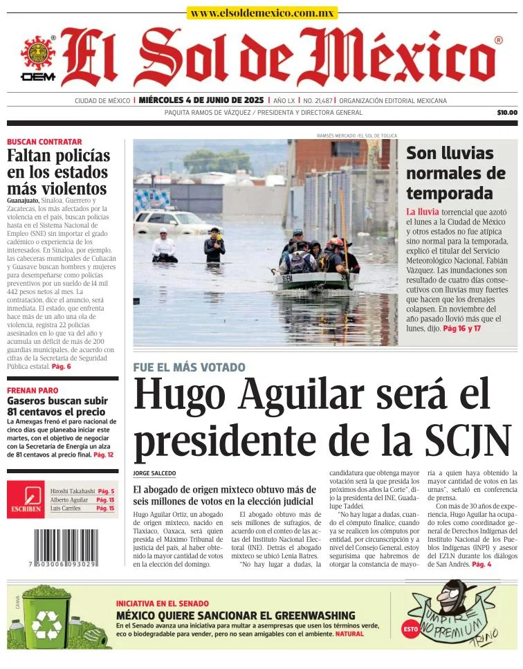 Portada de El Sol de Mexico del miércoles, 4 de junio de 2025