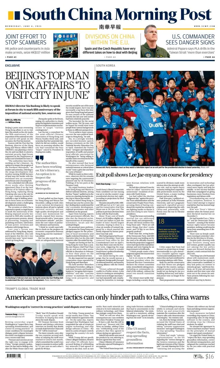 Portada de South China Morning Post del miércoles, 4 de junio de 2025