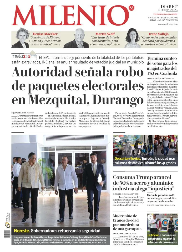 Portada de Milenio Laguna del miércoles, 4 de junio de 2025