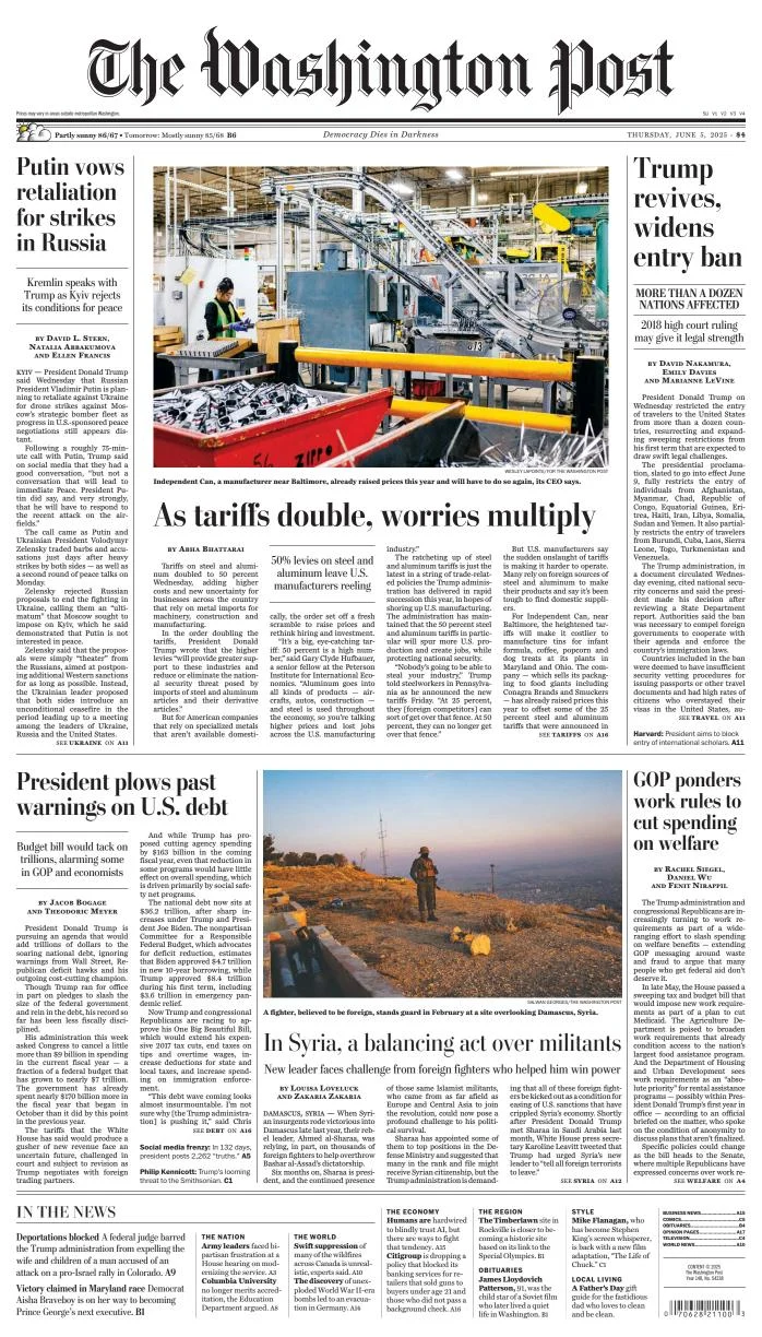 Portada de The Washington Post del jueves, 5 de junio de 2025