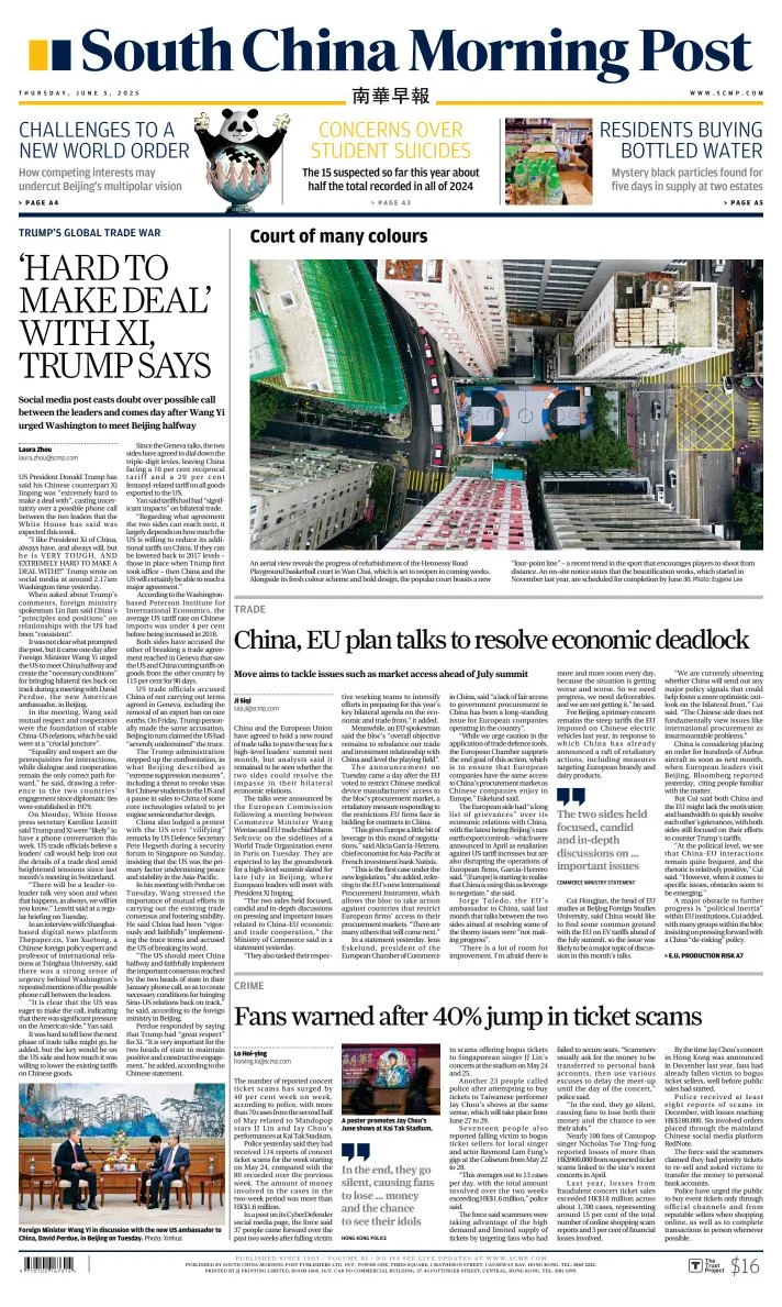Portada de South China Morning Post del jueves, 5 de junio de 2025