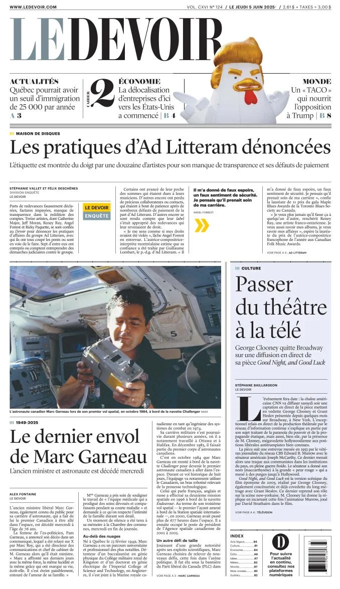 Portada de Le Devoir del jueves, 5 de junio de 2025