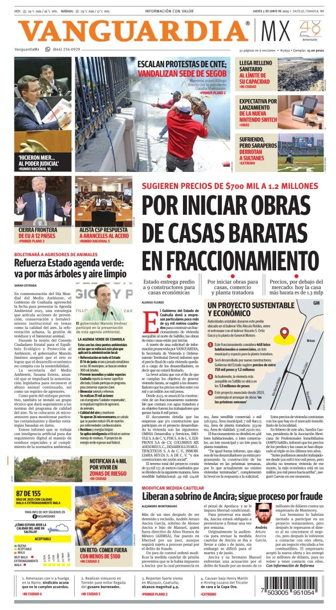 Portada de Vanguardia del jueves, 5 de junio de 2025