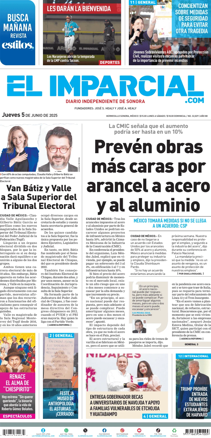 Portada de El Imparcial del jueves, 5 de junio de 2025
