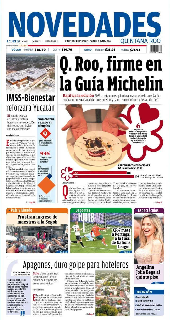 Portada de Novedades Quintana Roo del jueves, 5 de junio de 2025
