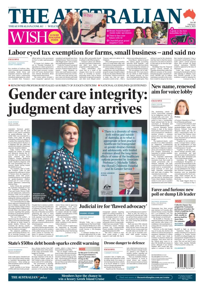 Portada de The Australian del viernes, 6 de junio de 2025