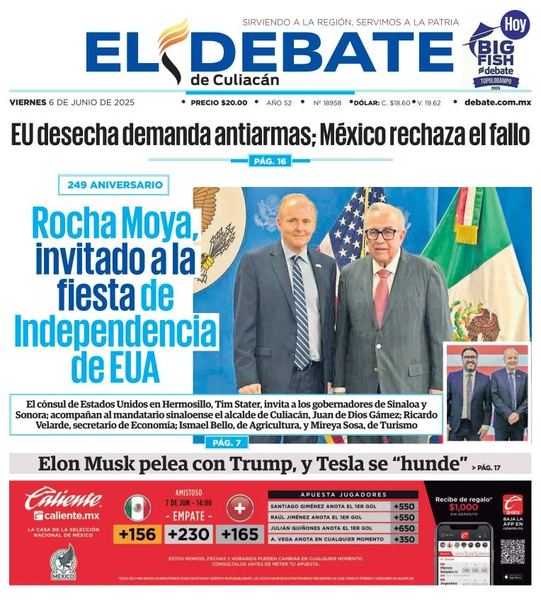 Portada de El Debate de Culiacan del viernes, 6 de junio de 2025