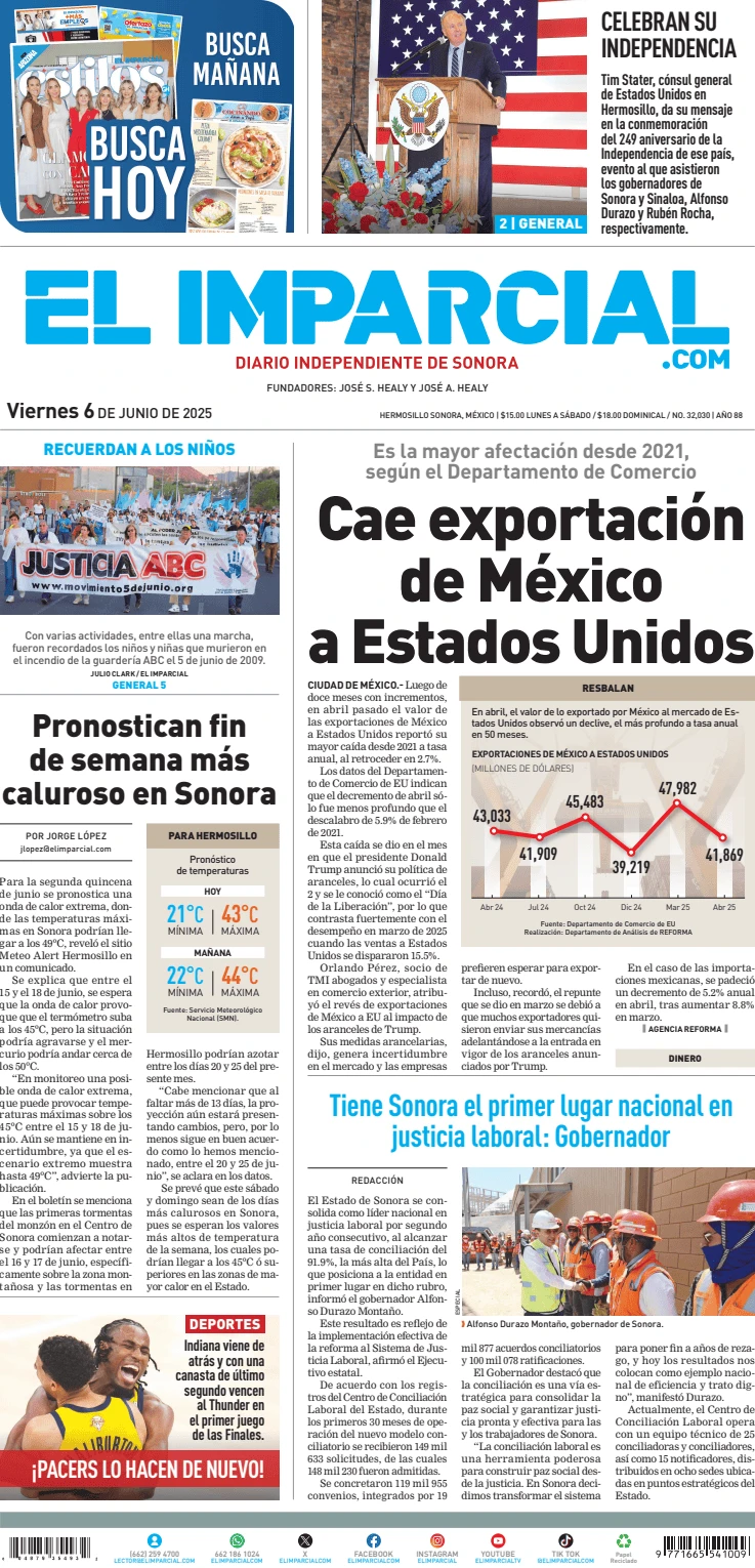 Portada de El Imparcial del viernes, 6 de junio de 2025