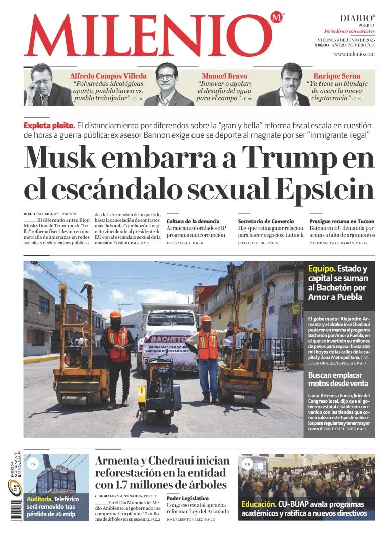 Portada de Milenio Puebla del viernes, 6 de junio de 2025