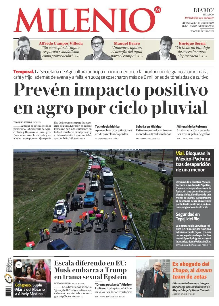 Portada de Milenio Hidalgo del viernes, 6 de junio de 2025