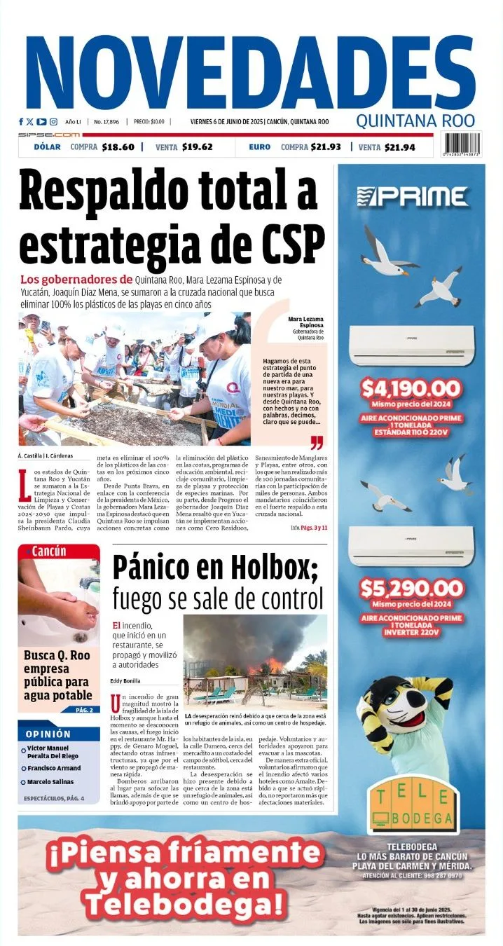 Portada de Novedades Quintana Roo del viernes, 6 de junio de 2025