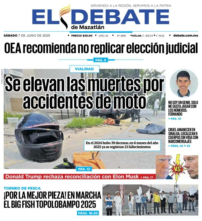 Portada de El Debate de Mazatlan del sábado, 7 de junio de 2025