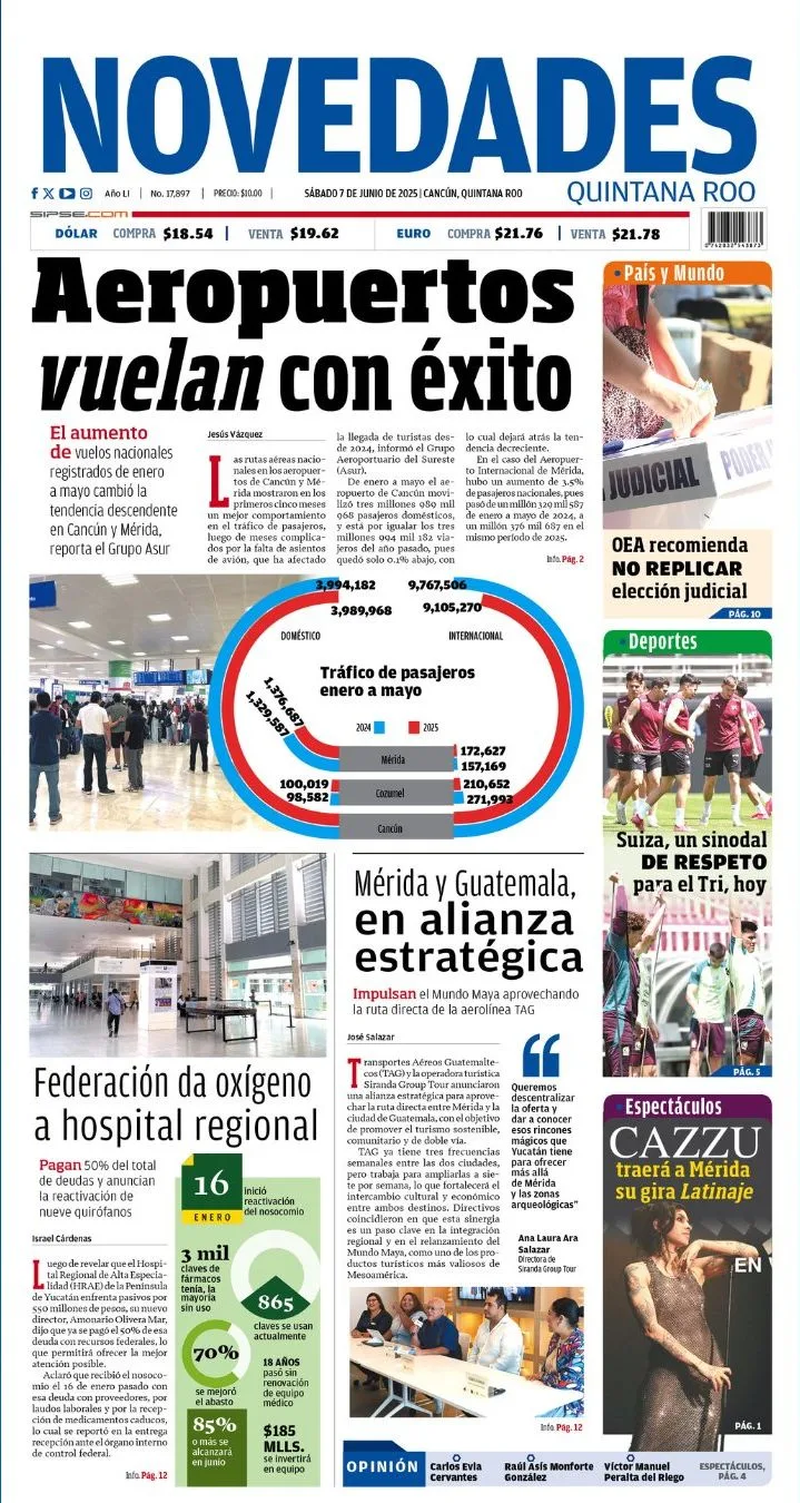 Portada de Novedades Quintana Roo del sábado, 7 de junio de 2025