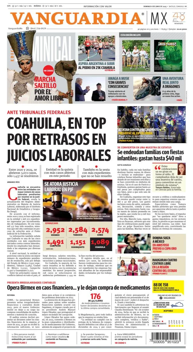 Portada de Vanguardia del domingo, 8 de junio de 2025