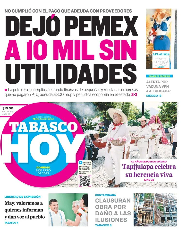 Portada de Tabasco Hoy del domingo, 8 de junio de 2025
