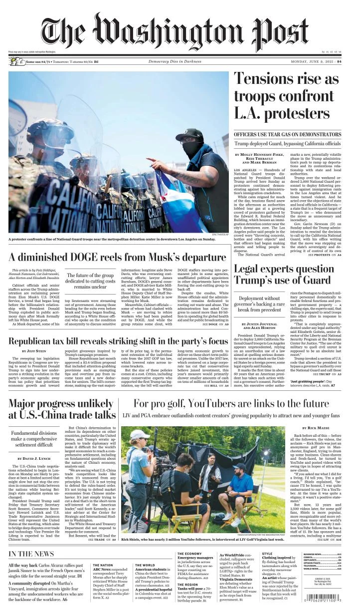 Portada de The Washington Post del lunes, 9 de junio de 2025