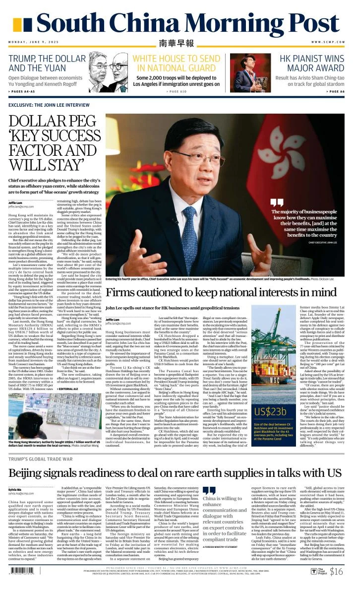 Portada de South China Morning Post del lunes, 9 de junio de 2025