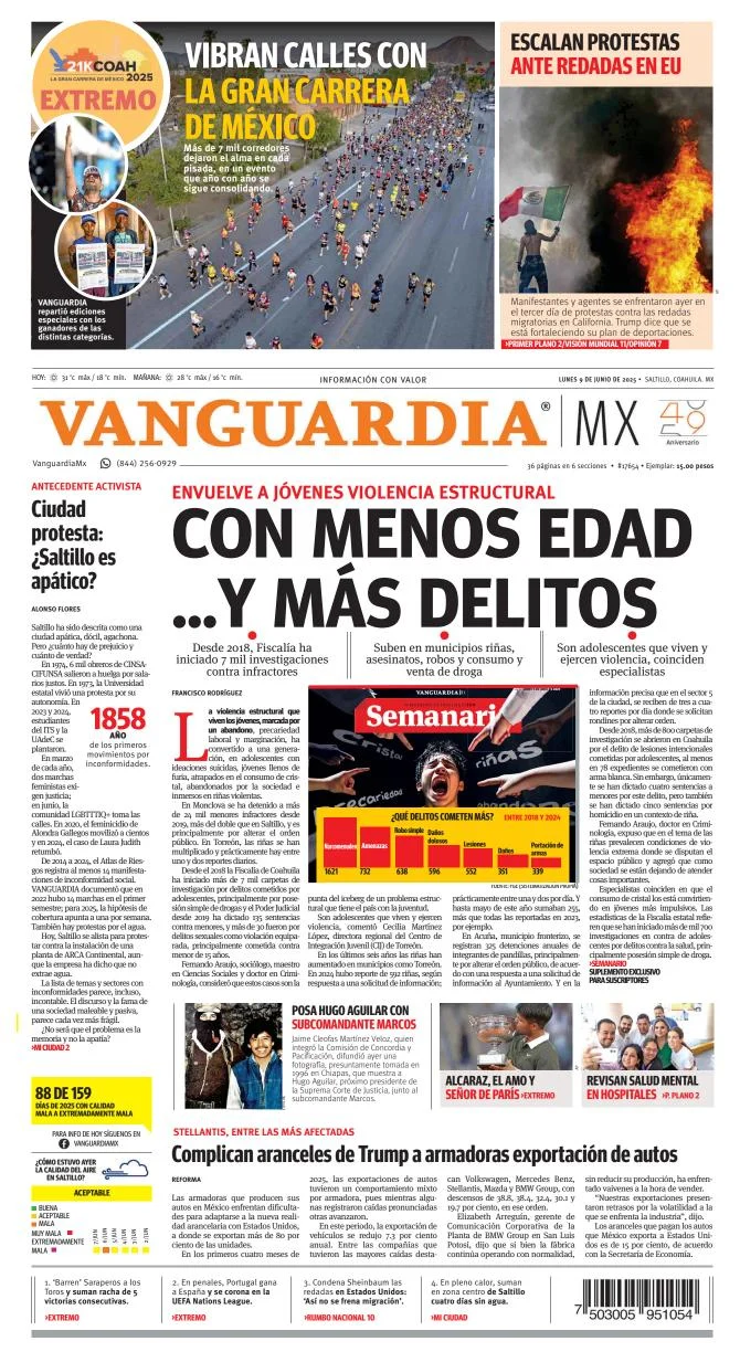 Portada de Vanguardia del lunes, 9 de junio de 2025