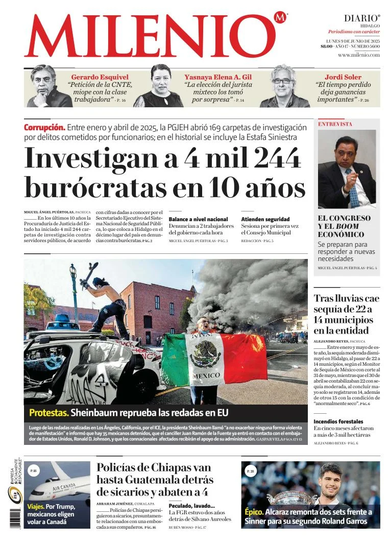 Portada de Milenio Hidalgo del lunes, 9 de junio de 2025