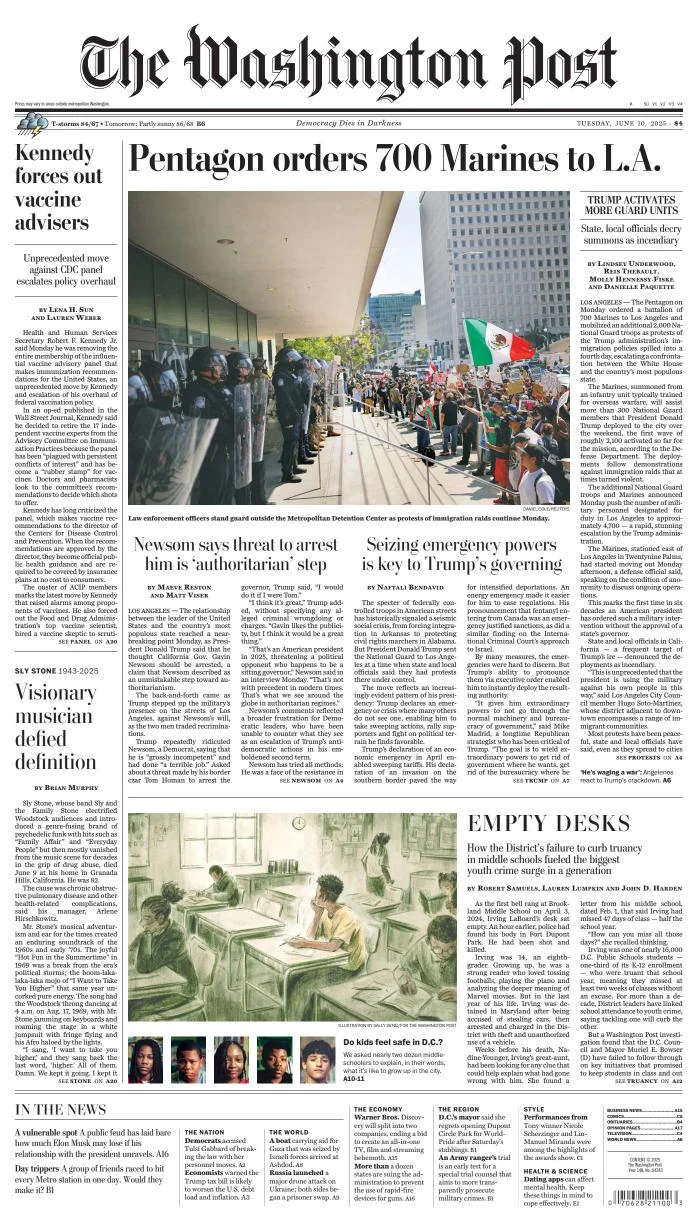Portada de The Washington Post del martes, 10 de junio de 2025
