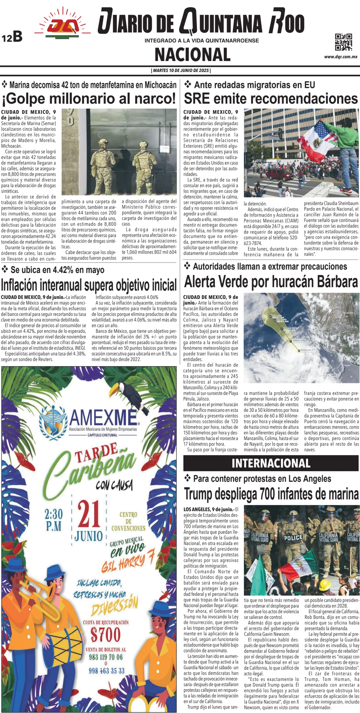 Portada de Diario de Quintana Roo (contra Portada) del martes, 10 de junio de 2025