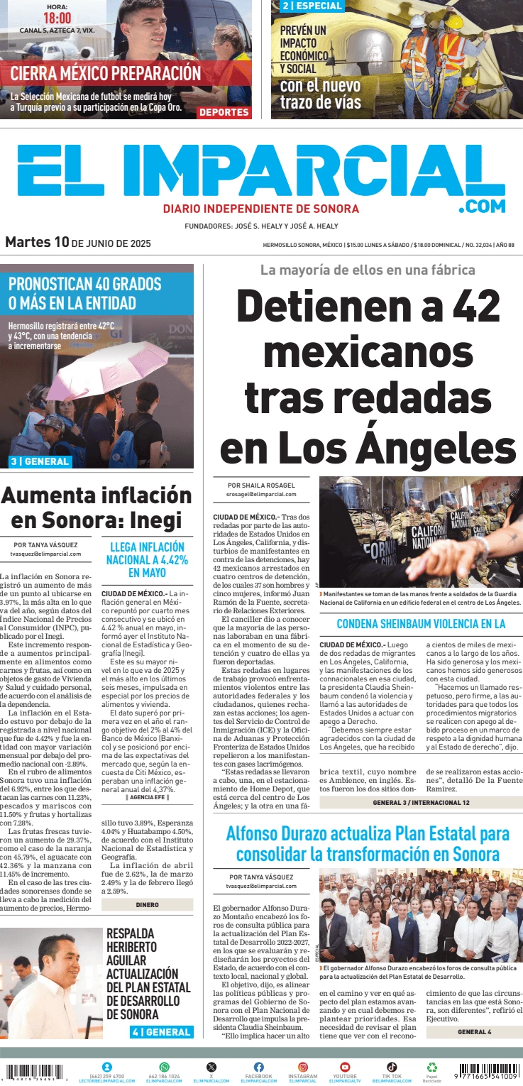 Portada de El Imparcial del martes, 10 de junio de 2025