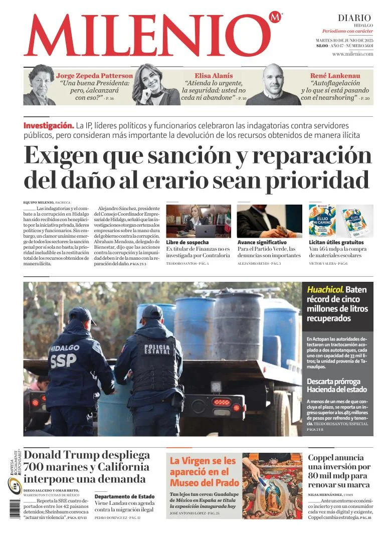 Portada de Milenio Hidalgo del martes, 10 de junio de 2025