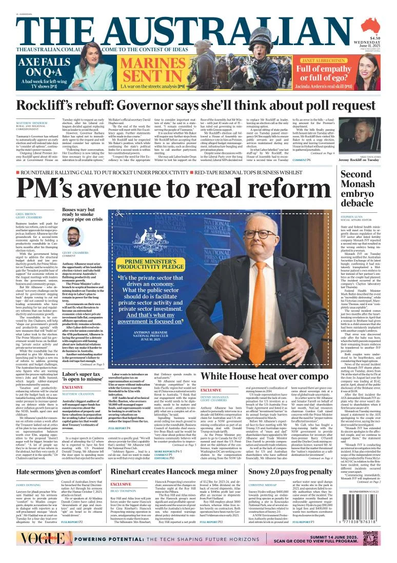 Portada de The Australian del miércoles, 11 de junio de 2025