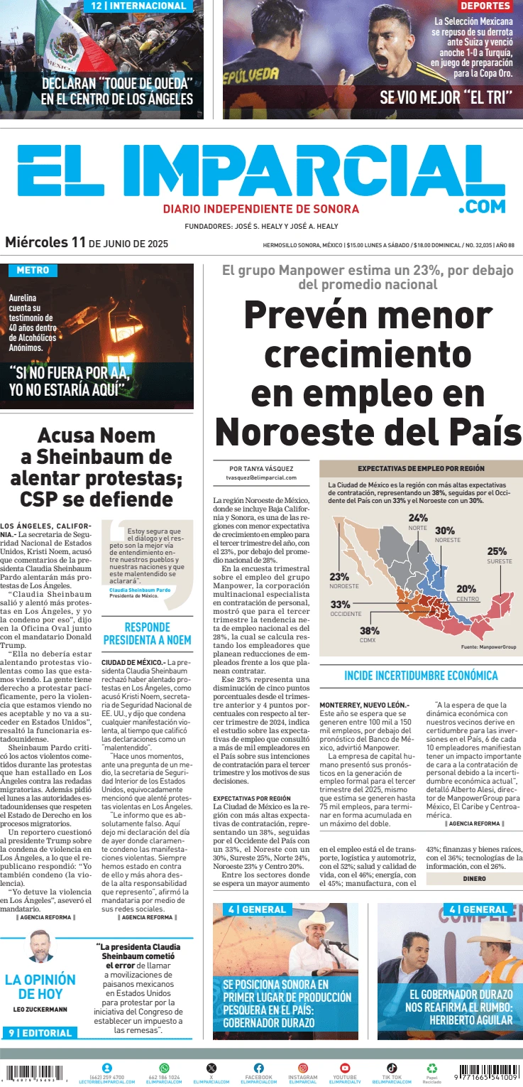 Portada de El Imparcial del miércoles, 11 de junio de 2025