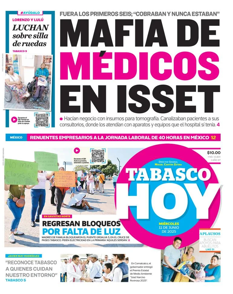 Portada de Tabasco Hoy del miércoles, 11 de junio de 2025