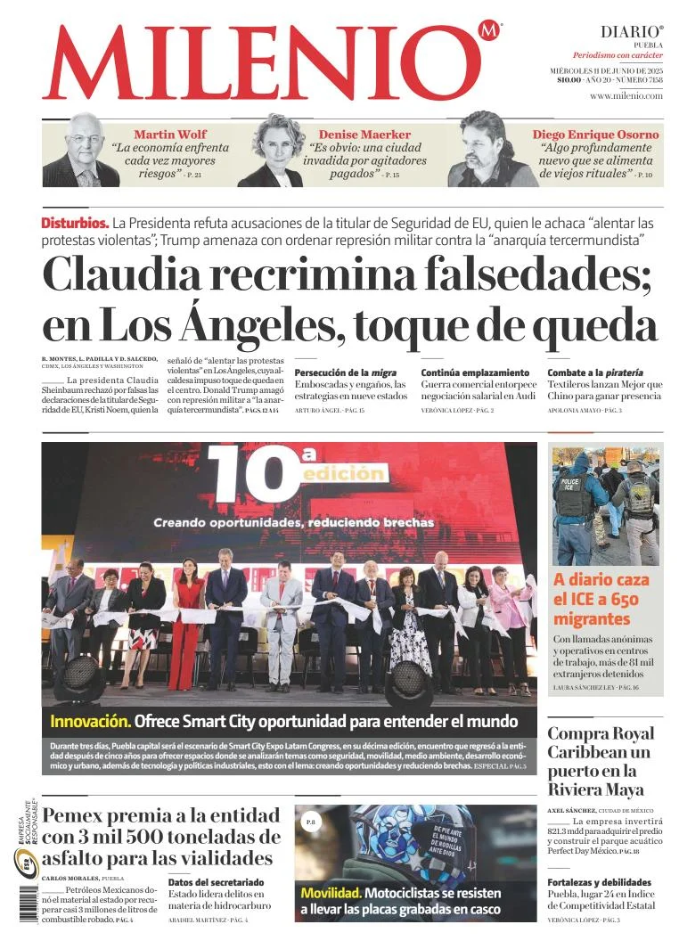 Portada de Milenio Puebla del miércoles, 11 de junio de 2025